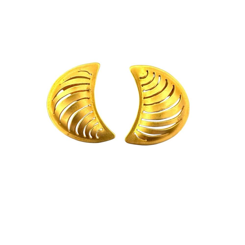 Large Vintage 80’s Signed Artisan Clip Earrings Brushed Gold Tone‎ Chunky